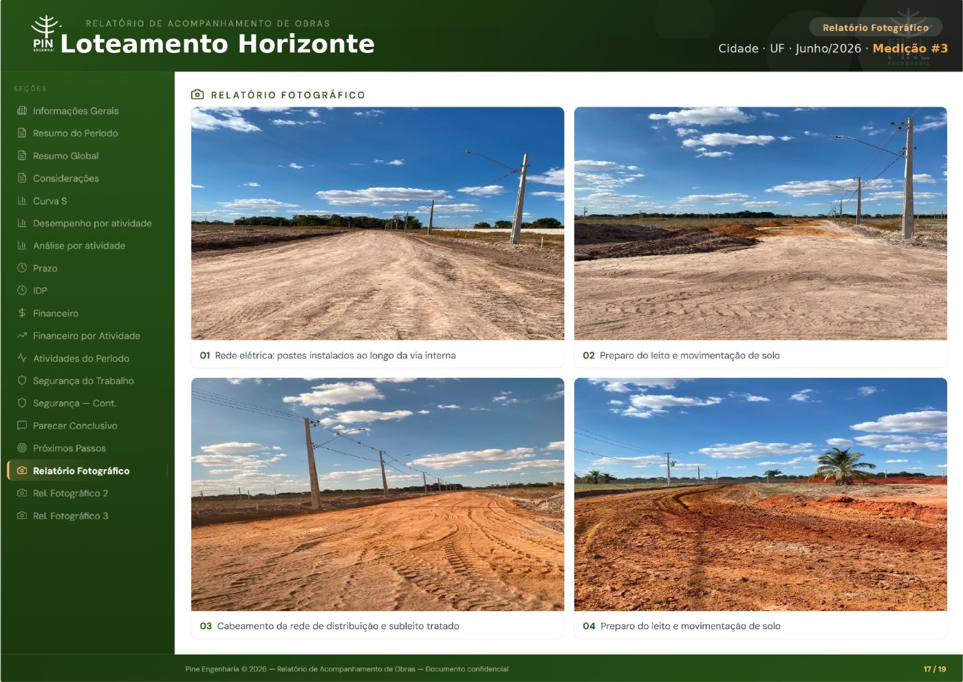 Relatório fotográfico · página de relatório mensal Pine